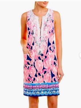 Lilly Pulitzer woman’s Sleeveless Pink Navy Printed Shift Dress with Embroidery